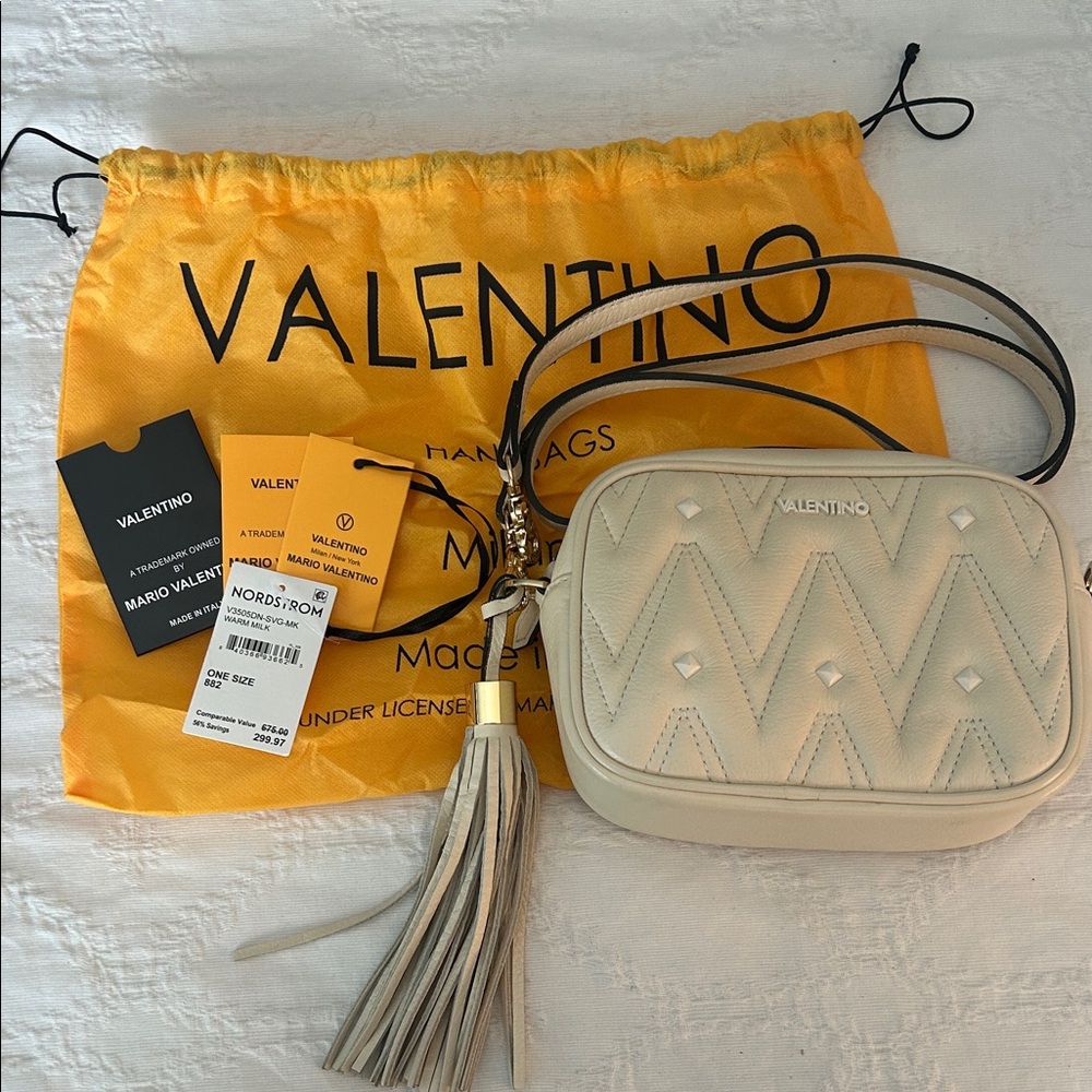 Valentino Warm Milk Stud Crossbody Bag with Tassel
